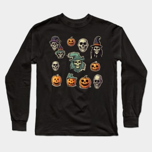 Skull and Pumpkin Jack O' Lanterns Halloween Heads Long Sleeve T-Shirt